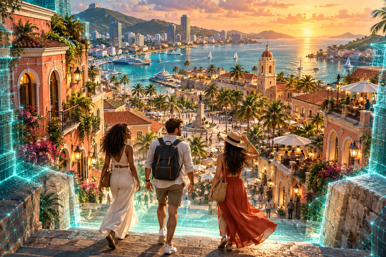 Concept artwork of avatar friends entering a sunlit coastal city through a glowing digital gateway.
