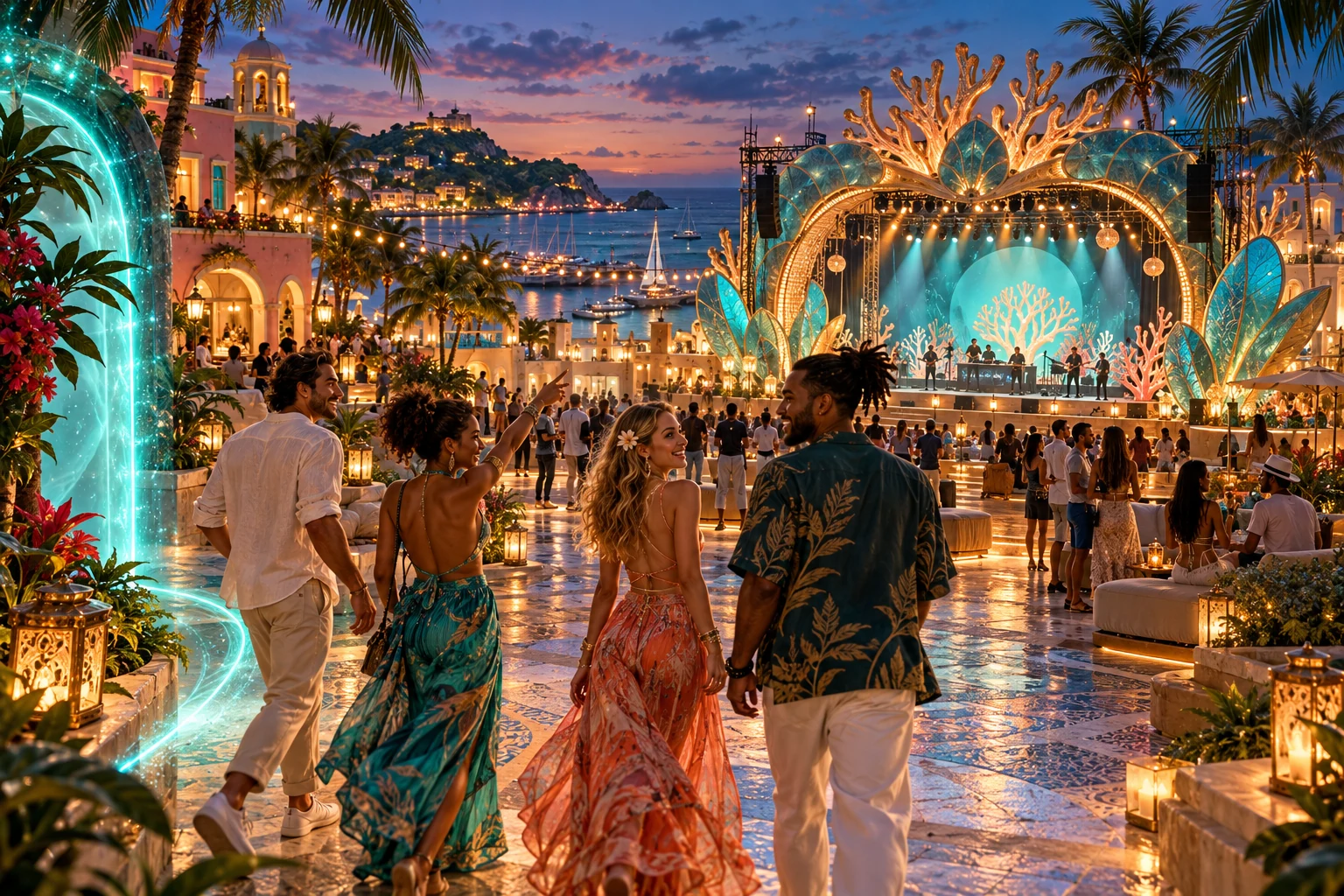 Concept artwork of friends exploring a warmly lit waterfront festival in a virtual world.